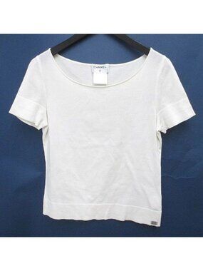 Chanel Short Sleeve Knit Sweater Top 38 White Logo Plate